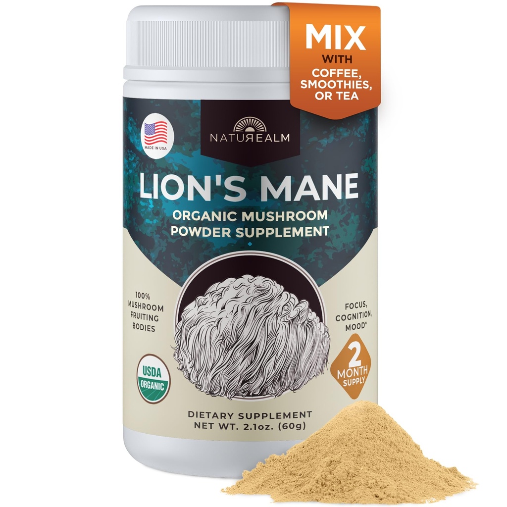 Naturealm Lion's Mane Mushroom Powder - Organic Brain Support for Focus Memory Mental Clarity - Non OMG Cognitive Function - 60 Servings