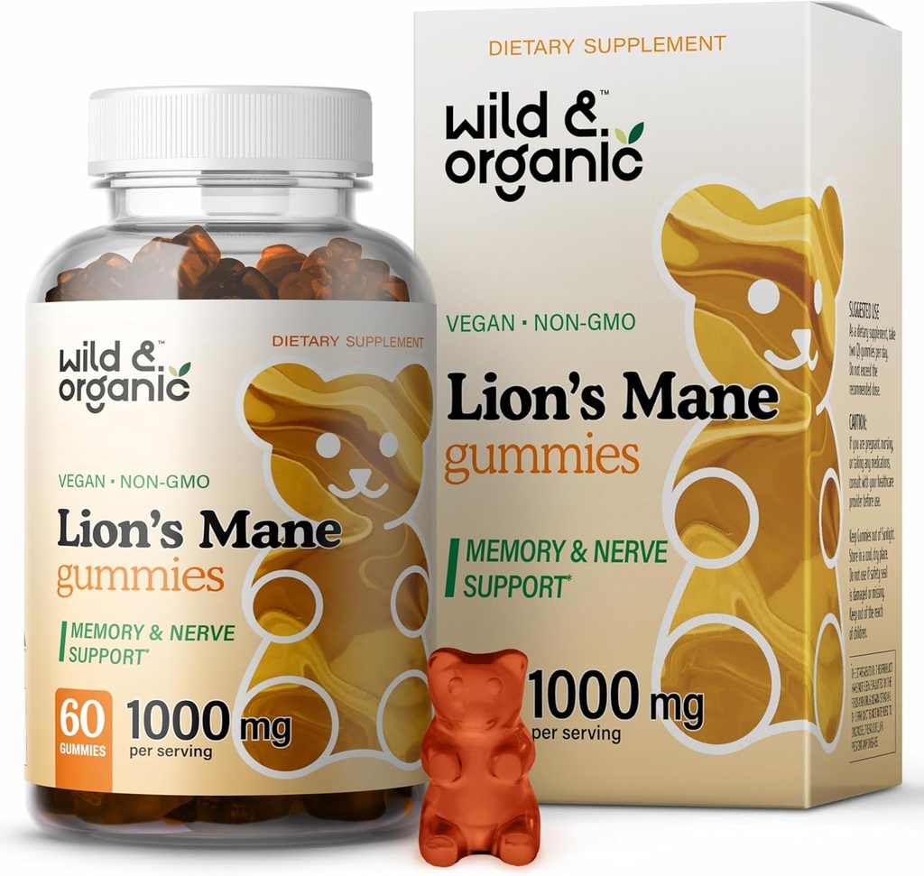 Wild & Organic Lions Mane Mushroom Gumies 1000mg - Natural Lion's Mane Mushroom Supplement Gummies - 60 Chews for Focus and Brain Energy Support - Vegan, Non-GMO