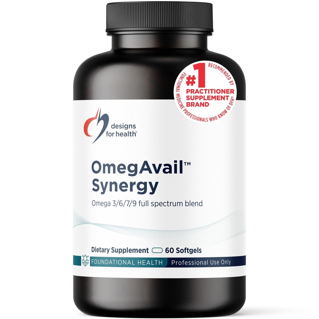 Proiectări pentru sănătate OmegAvail Synergy - Complex Omega pentru adulți - Omega 3-6-7-9 Acidi grași din Borage și Macadamia Ulei + Trigliceride (TG) Ulei de pește cu DHA & EPA (60 Softgels)