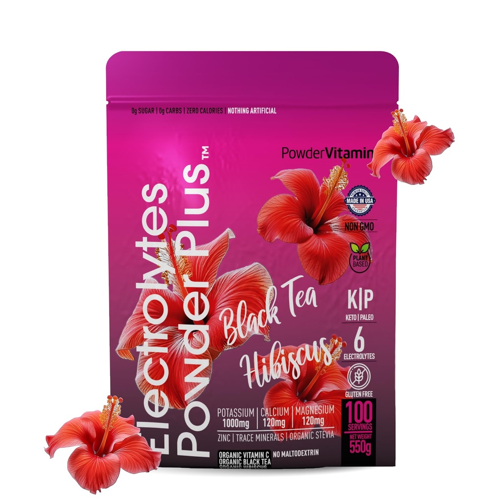 PulbereVitamina Electroliti Pulbere Plus (100 Serviri) Ceai negru Hibiscus Electrolit Pulbere Keto, Zahăr gratuit, Sare Himalayan roz, 1000mg Potasiu,120mg Calciu,120mg Magneziu, Pulbere de hidratare