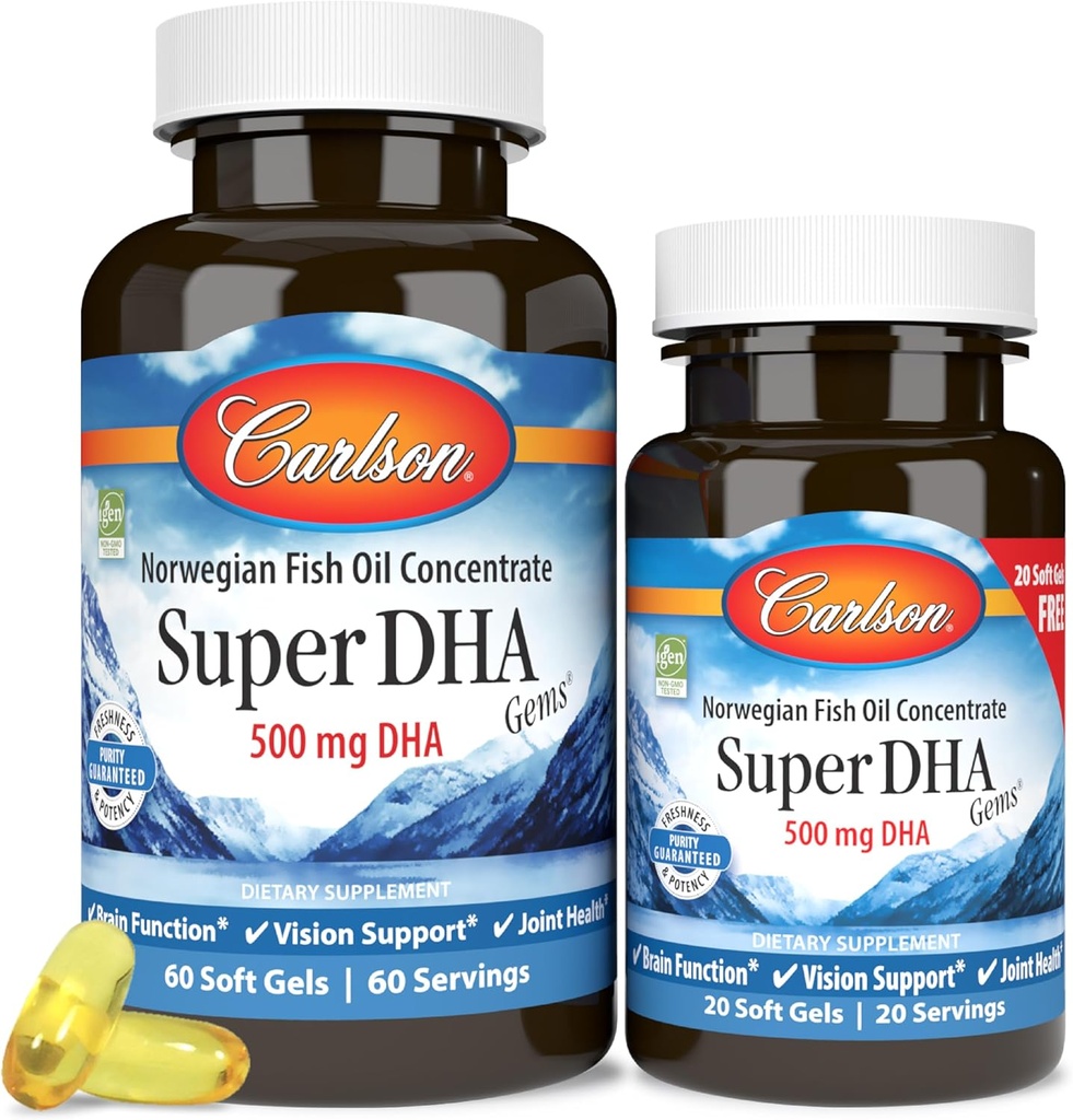 Carlson - Super DHA Gems, 500 mg Suplimente DHA, 640 mg Acid gras, concentrat de ulei de pește arctic, concentrat de pește nordic, 60+20 Softgels