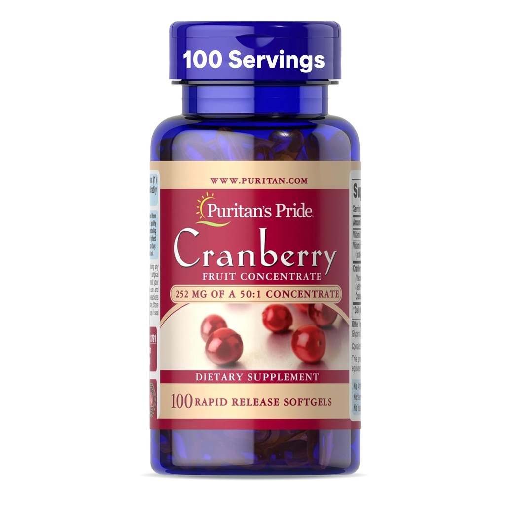 Puritan's Pride Premium Cranberry Fruit Concentrat 252mg (12,600mg echivalent) cu vitaminele C și E, Dietary Supplement for Immune System Support, 100 Rapid Release Softgels