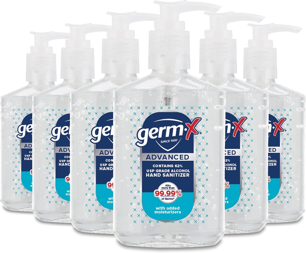 Germ-X Advanced Hand Sanitizer, Non-Drying Clear Gel, Instant and No Rinse Formula, Back to School Province College, Pump Bottle, 8 Fl Oz (Pachet de 6)