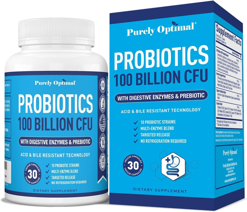 Probiotice Premium pur optimizate (tipuri diverse) w/Enzime organice și prebiotice digestive (30 Count (pachet de 1), 100 miliarde CFU)