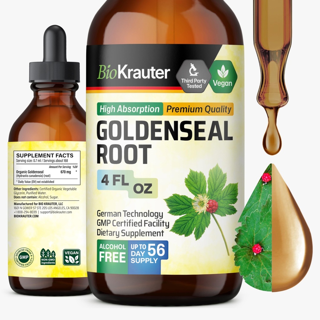 BIO KRAUTER Goldenseal Tincture - Vegan Lung Cleanse & Detox - Golden Seal Herb Supplement - Alcool & Sugar Free Drops - 4 Fl.Oz.