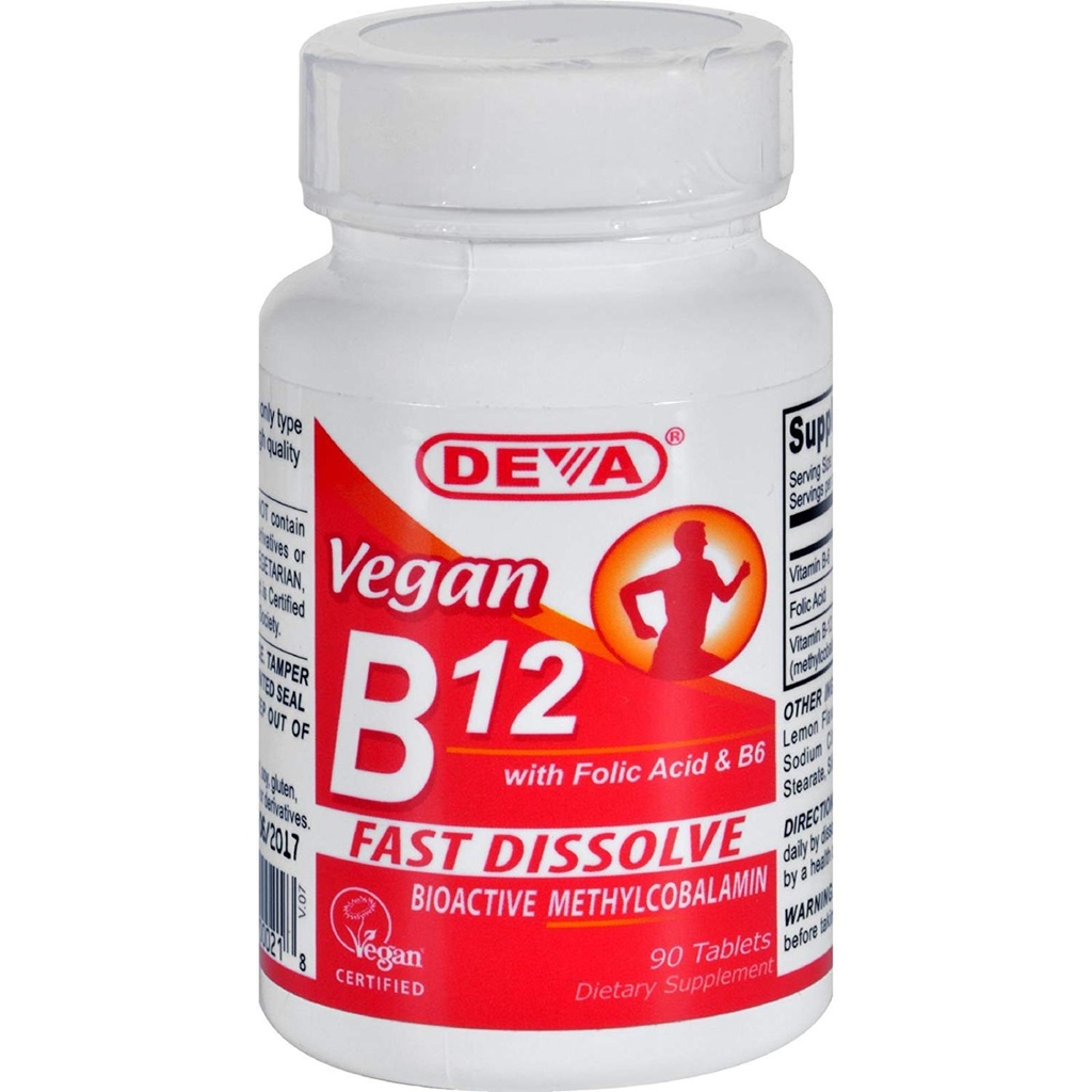 Deva Nutrition Vegan B12 Sublingual 1000 mcg cu acid folic și B6 Nu certificat Kosher - 90 comprimat de Deva Nutrition