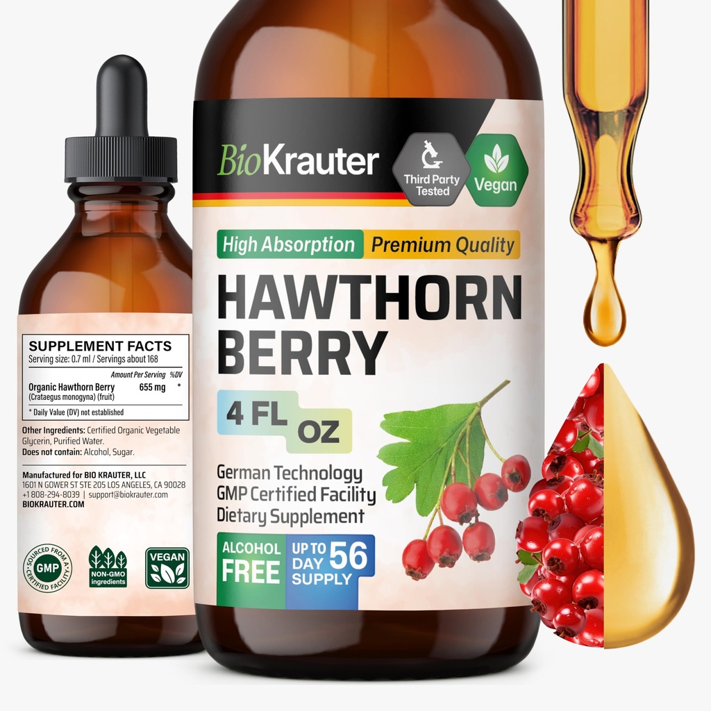 BIO KRAUTER Hawthorn Extract de Berry Tincture - Supliment natural Hawthorne Berry - 100% Formula pură - Zahăr Vegan & alcool gratuit - 4 Fl. Oz. - 56 Ziua de aprovizionare