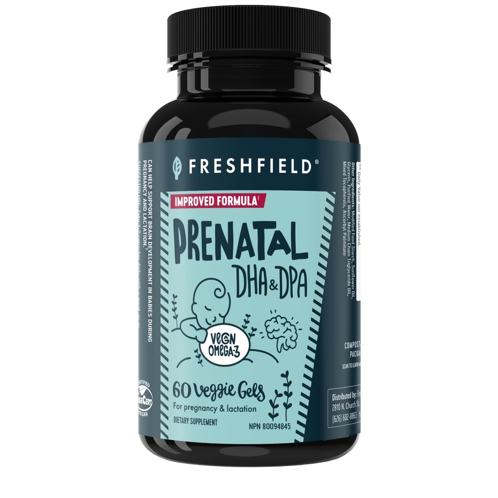 Freshfield Prenatal Vegan Omega 3 DHA: Sustainable, Carageenan Free, Third Party Tested, Compostable Bottle, Carbon Neutral. Sprijină inima, creierul, sănătatea comună w/DPA