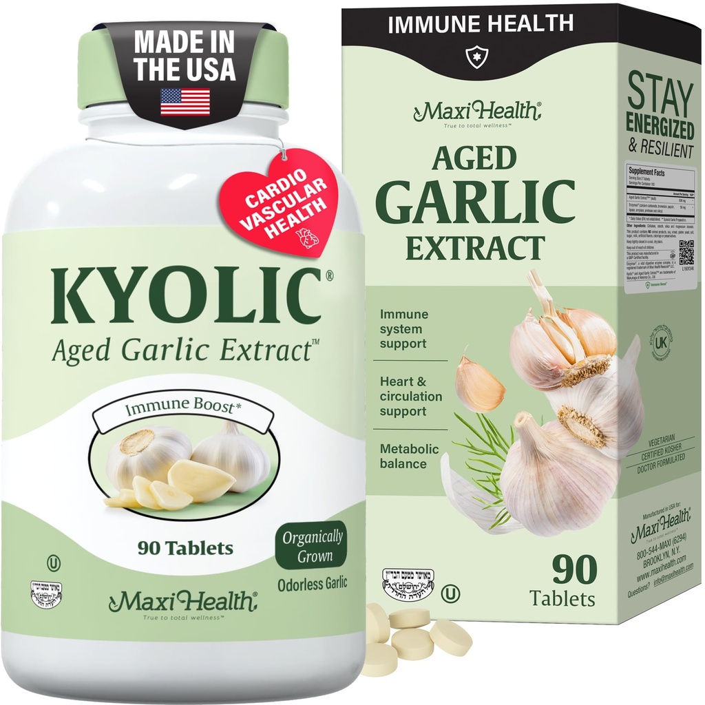 Maxi Health Kyolic Organic Usturoi Supliment - Kosher Usturoi Tablete cu Kyolic Aged Usturoi Extract pentru Immune Support - Vegetarian Usturoi Pastile (90 Count)