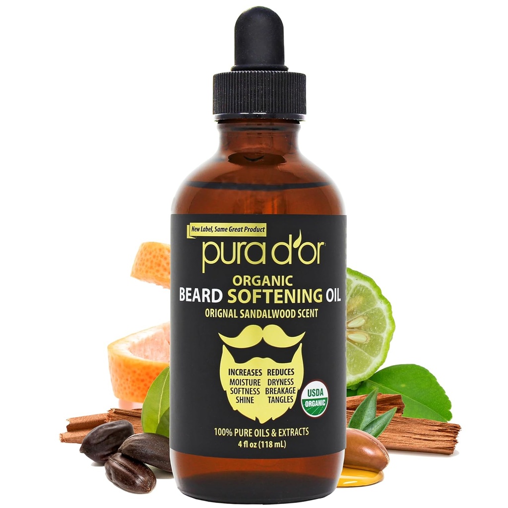 PURA D'OR 4 Oz ORGANIC Beard Softening Oil - Original Sandalwood Scent - Leave-In Balsam, Argan & Jojoba Oil - Mustache Care & Întreținere, Creșterea softness & Putere - Barbă păr, piele și față
