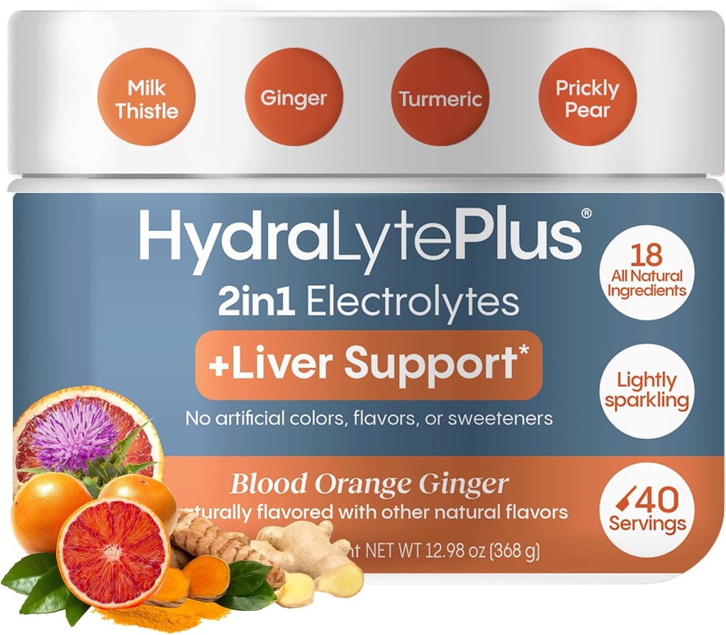 Suport pentru ficat Hydralyte + Electrolite Mix with Milk Thistle, Turmeric, Ginger, Prickly Pear, extract de ceai verde Formulat pentru rehidratare rapidă, (Blood Orange Ginger, 40 Serveste Tub)
