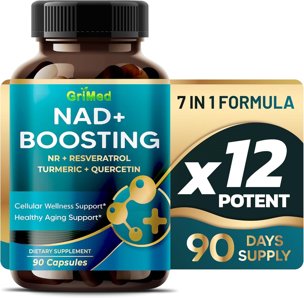 Grimed NAD + Boosting 16,550mg- x12 Putere cu NR + Resveratrol Turmeric + Quercetin - Energie celulară, Reparație celulară, Îmbătrânire sănătoasă - Statele Unite ale Americii Made & Tested (90 Conte (Pachet de 1))
