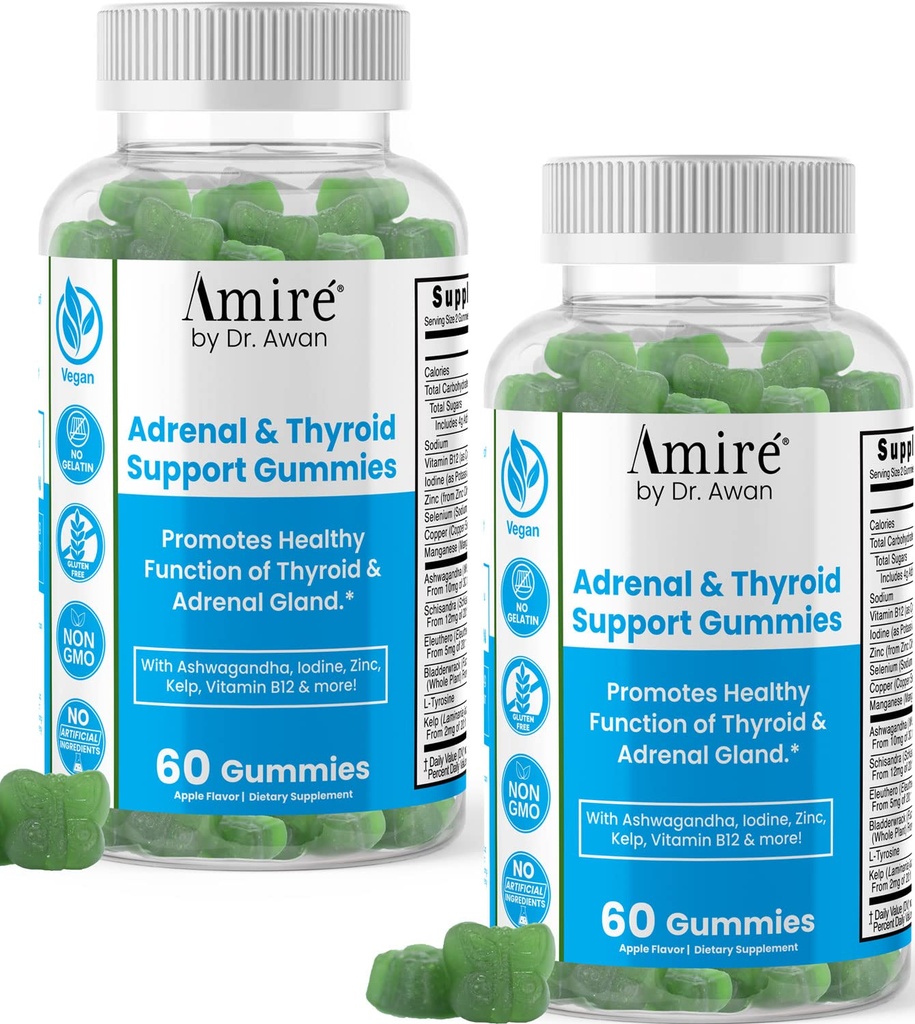 Amire de Dr. Awan tiroida Suport Gummies, Promoveaza functia sanatoasa de tiroida, Kelp, Seleniu & Ashwagandha pentru a imbunatati energia, imunitatea, metabolismul, 120ct, 60 zile de aprovizionare