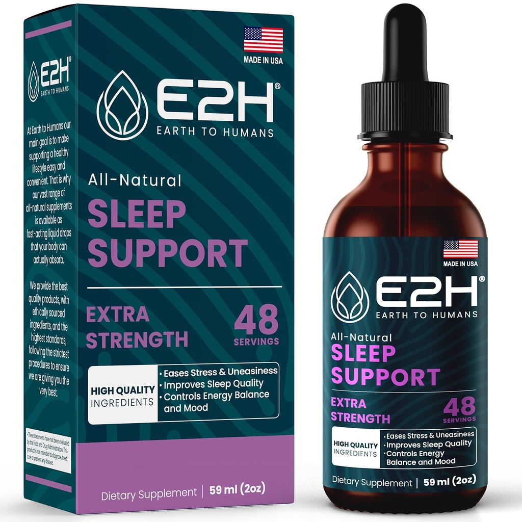 E2H Natural Sleep Support - Melatonina lichida cu musetel, Theanin - Somn mai bun, mai adânc, mai lung - Vegan, OMG-free - Oferă ajutor de stres - 2 Fl Oz