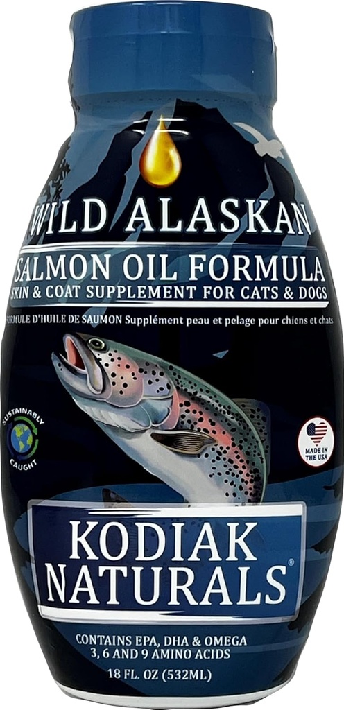 18oz Wild Alaskan Salmon Oil Formula pentru câini și pisici, un amestec echilibrat de ulei de pește pur cu EPA și DHA de la pește sălbatic-Caught. Suport pentru Skin & Coat, Joints, și Immune Health.
