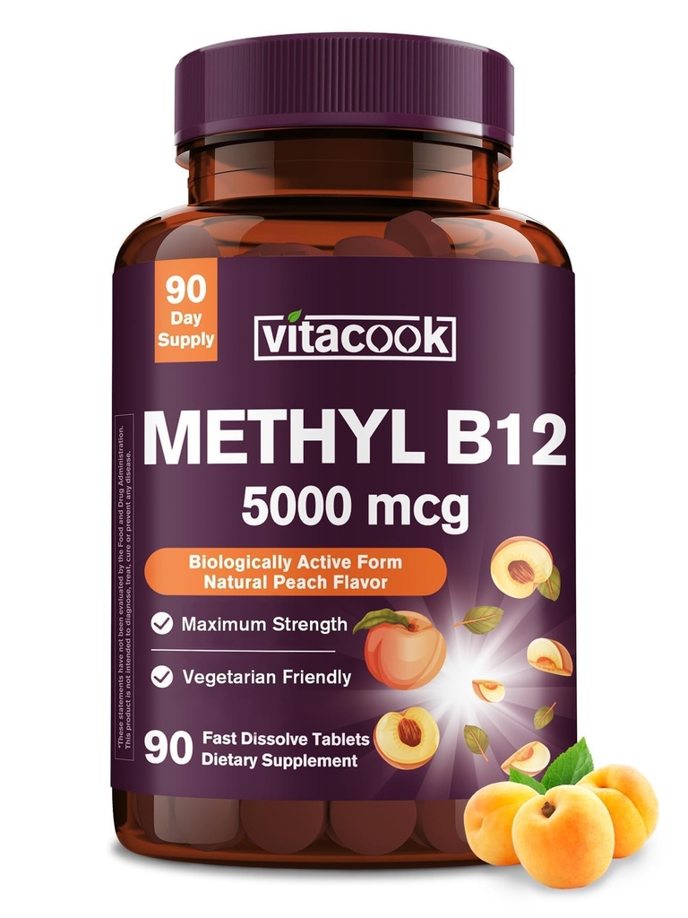 Vitamina B12 Sublingual, Methylcobalamină 5000mcg pentru producția de energie, energie, Nervi și suport de celule, Aroma de piersici naturale, Vegan, Zero Zahăr, 90 comprimate de dizolvare rapidă