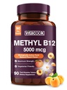 Vitamina B12 Sublingual, Methylcobalamină 5000mcg pentru producția de energie, energie, Nervi și suport de celule, Aroma de piersici naturale, Vegan, Zero Zahăr, 90 comprimate de dizolvare rapidă