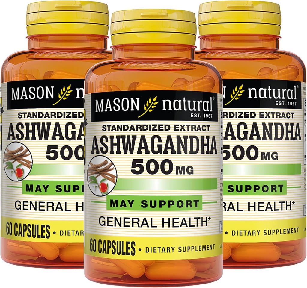 MASON NATURAL Ashwagandha 500 mg, Adaptogen pentru Stres & Energy Support, Herbal Supplement, 180 de zile de aprovizionare