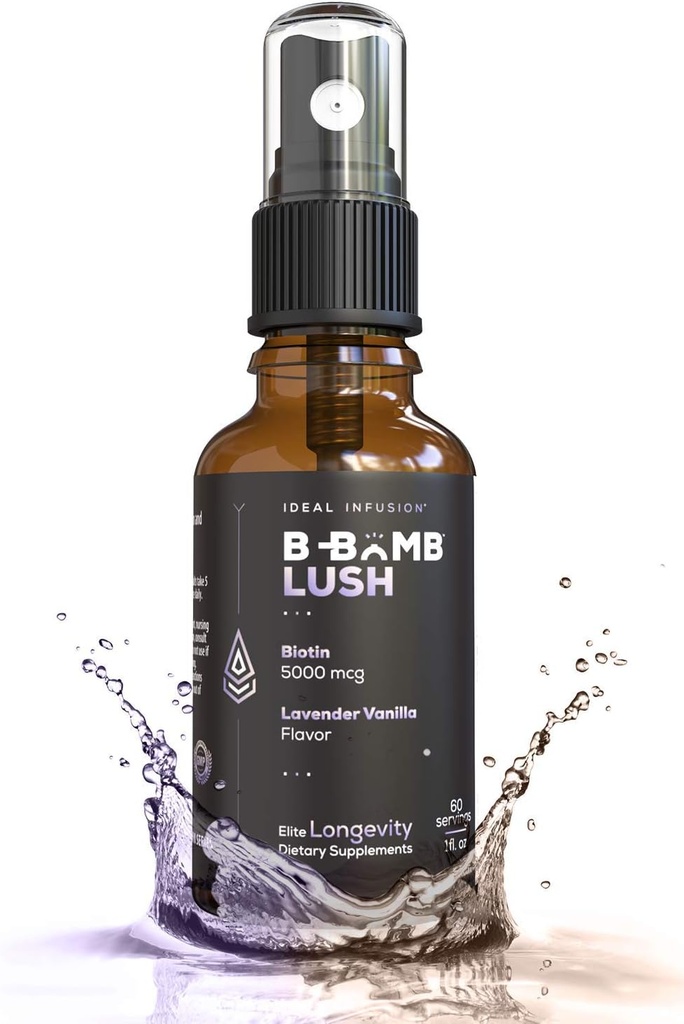 Soluţie ideală de perfuzie B-Bombă Lush Biotin Spray lichid: Organic Lavandă Vanilie - 5000mcg, Vitamina de creştere a părului pentru grosime şi volum - Skin Health, Nails mai puternice, Keto, Vegan