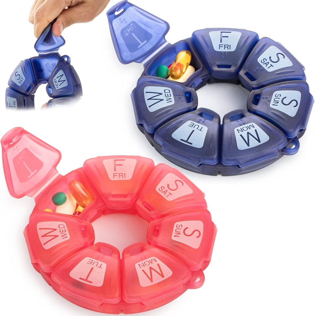 Round Weekly Pill Organizator, TPU Rubberized, Travel Pill Container 7 zile, cu 7 Compartimente mari, Mare pentru Daily Vitamine & Suplimente, Cute Pill Case cu litere mari și Braille (2 buc)