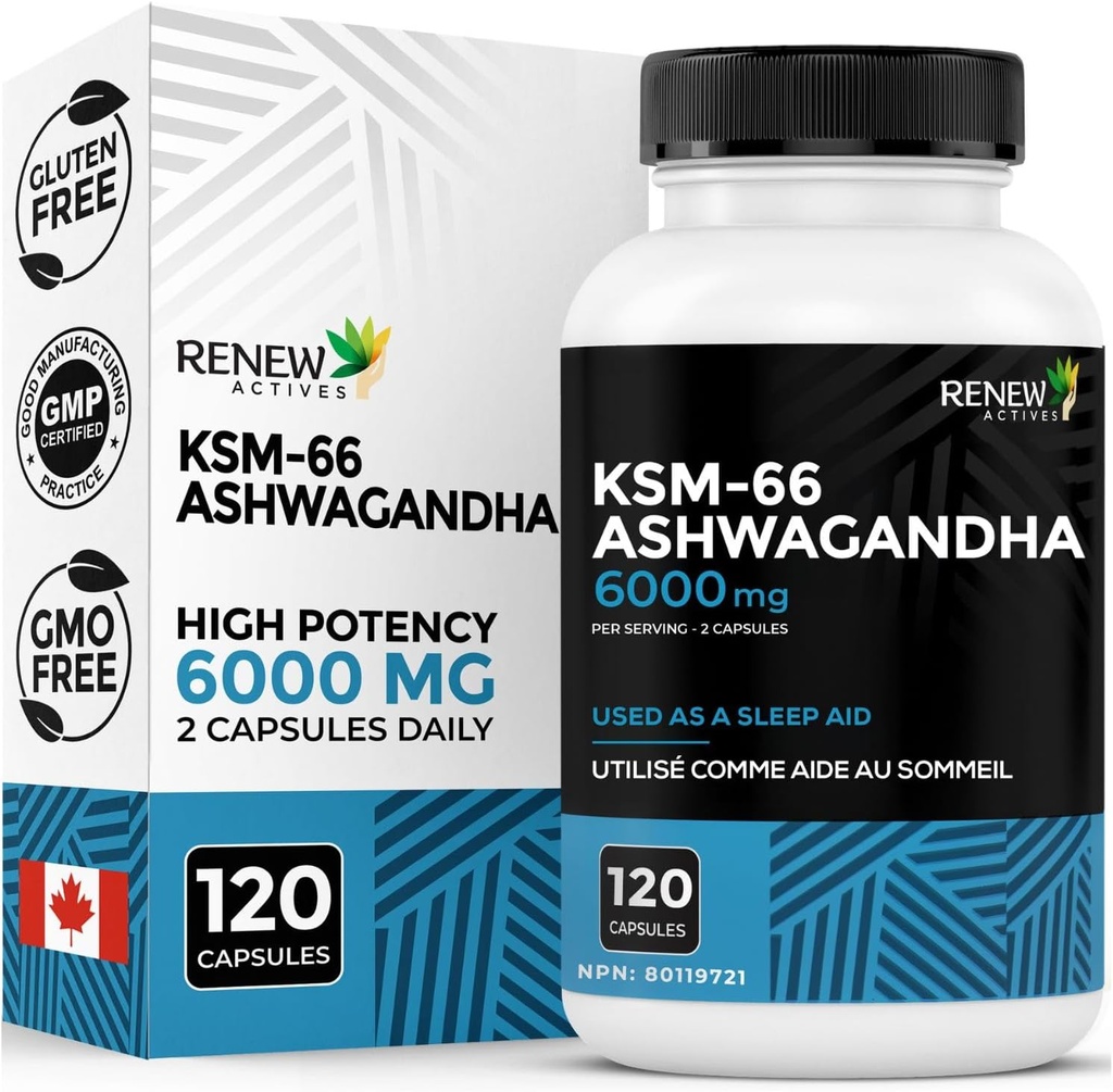 Reînnoirea Active Ashwagandha KSM-66 Suplimentul 500MG per servire cu Pepper negru pentru absorbţie superioară - Focus & Mood de sprijin pentru creşterea energiei şi somn de ajutor - Made in Canada - 120 capsule