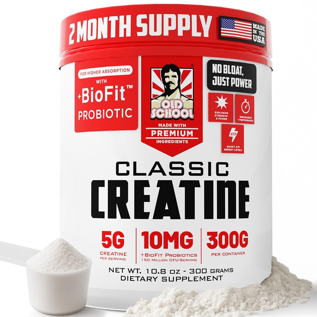 Old School Labs Micronized Creatin Monohidrat with No Bloat BioFitTM Probiotic - Men & Women Post-Recovery Powder for Power & Performance - 60 Servings Unflavored