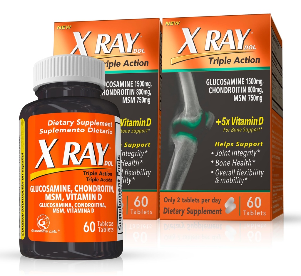 X Ray Dol Triple Acţiune Suport comun cu Glucosamină 1500mg, Chondroitin 800mg, MSM 750mg şi 5X Vitamina D pentru articulaţii sănătoase, Oase şi Cartilage - 60 Conte pe flacon - 2 ambalaj
