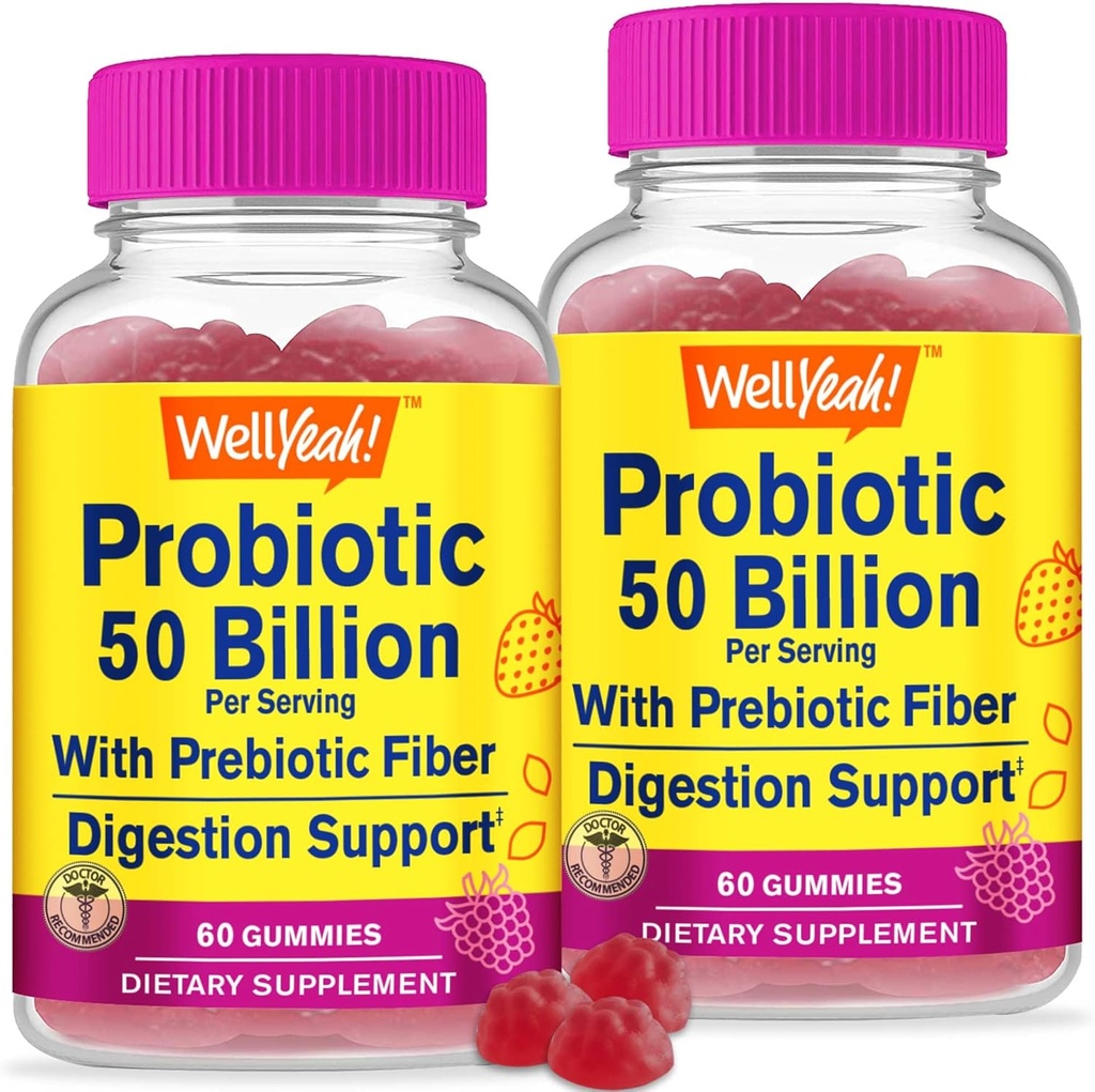 Ei bine, da (2 Pack 50 miliarde Probiotice + Prebiotice pentru bărbaţi şi femei Gume - Suport digestiv, Sanatate gutoasa, Suport imunitar Gummy - Probiotice pentru sanatate digestiva cu 12 tulpini - 60 gume