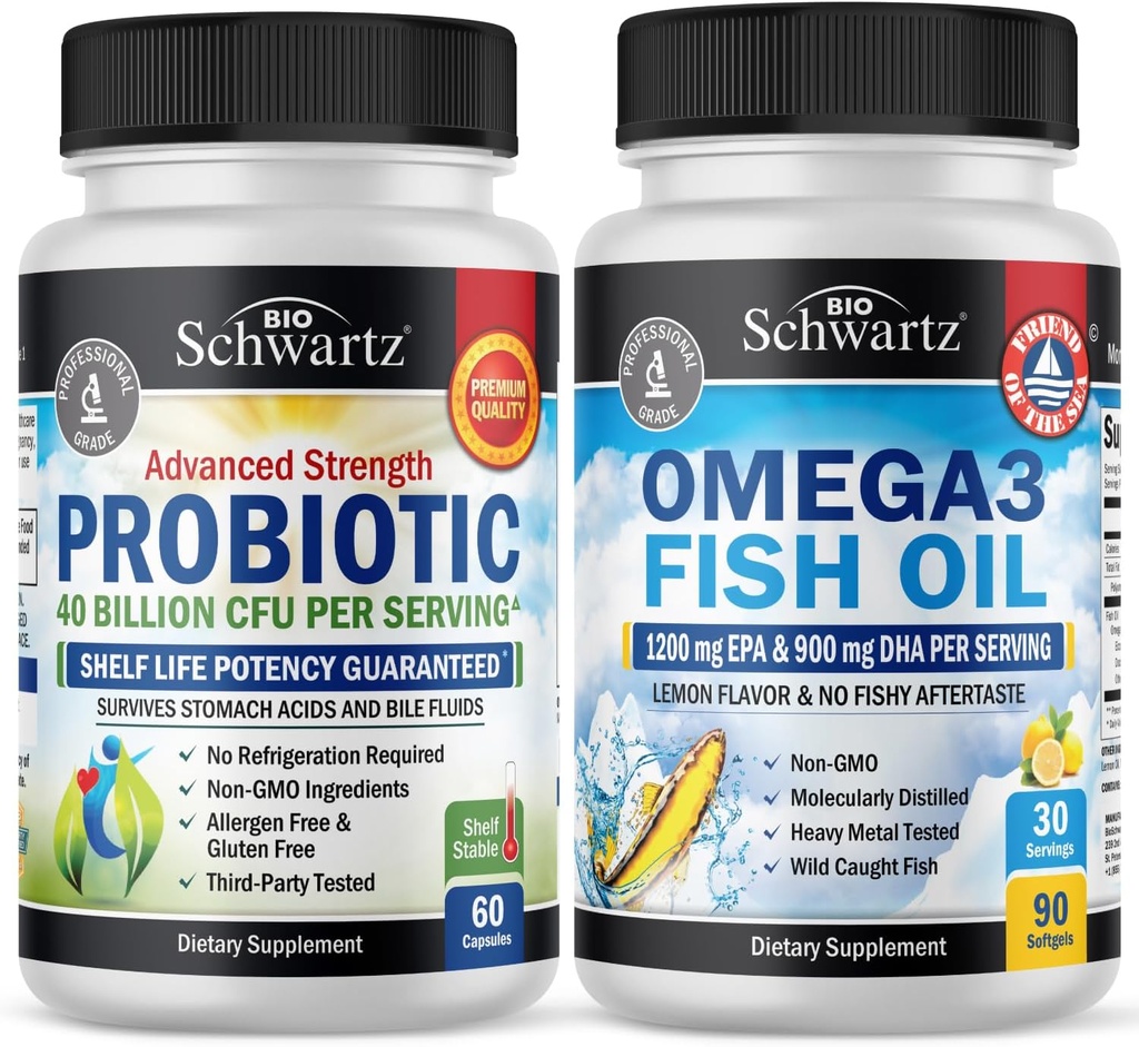Puterea triplă Omega 3 Softgels ulei de pește (1 lună de aprovizionare) Plus 40 miliarde CFU supliment zilnic probiotic (1 lună de aprovizionare)