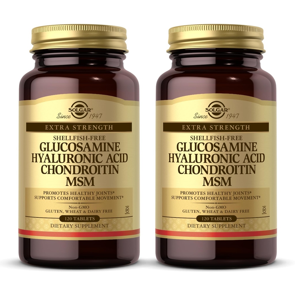 Solgar Glucosamină Acid hialuronic Chondroitin MSM - 120 comprimate, Pachet de 2 - Promovează articulații sănătoase, susține mișcare confortabilă - non-GMO, gluten gratuit - 80 Serviri totale