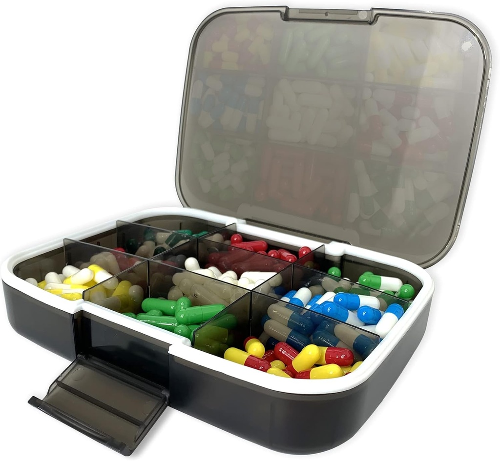 Large Pill Organizator, 7.7x5.7" Travel Vitamina Box Lightproof 9 Compartiments Portable Pilula Cazuri Suplimente Dispenser Umiditate Dovada de pastila Detinator de medicamente