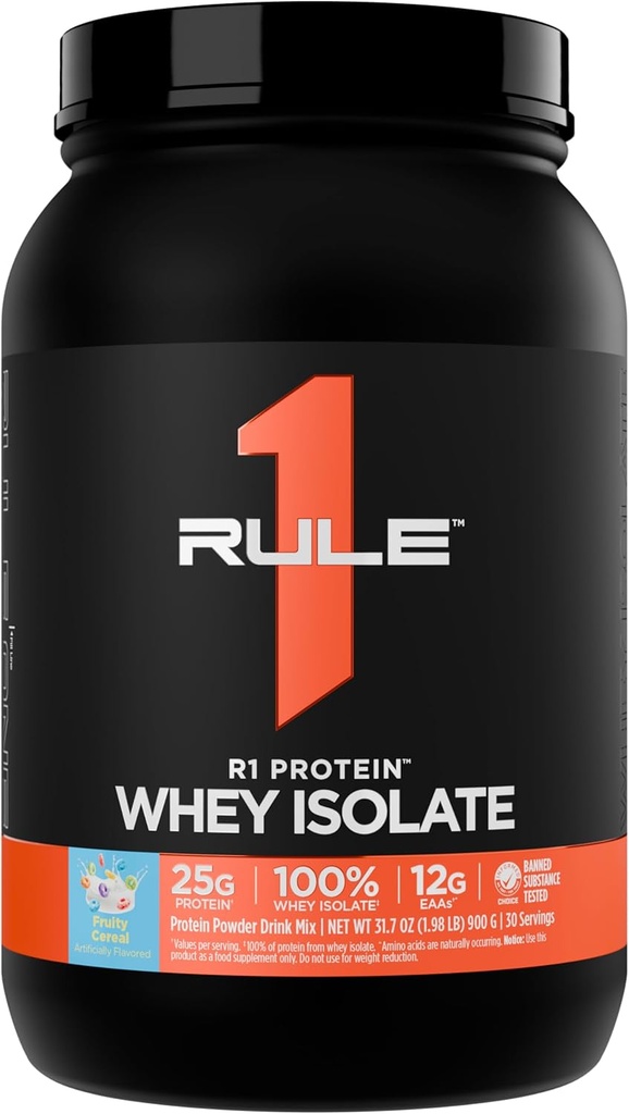 Articolul 1 Proteina R1 Izolat Whey - cu 25g Proteina & 6g BCAA Exclusiv din surse izolate și hidrolizate pentru recuperarea antrenamentului (2 Lire*, Cereale Fruity)