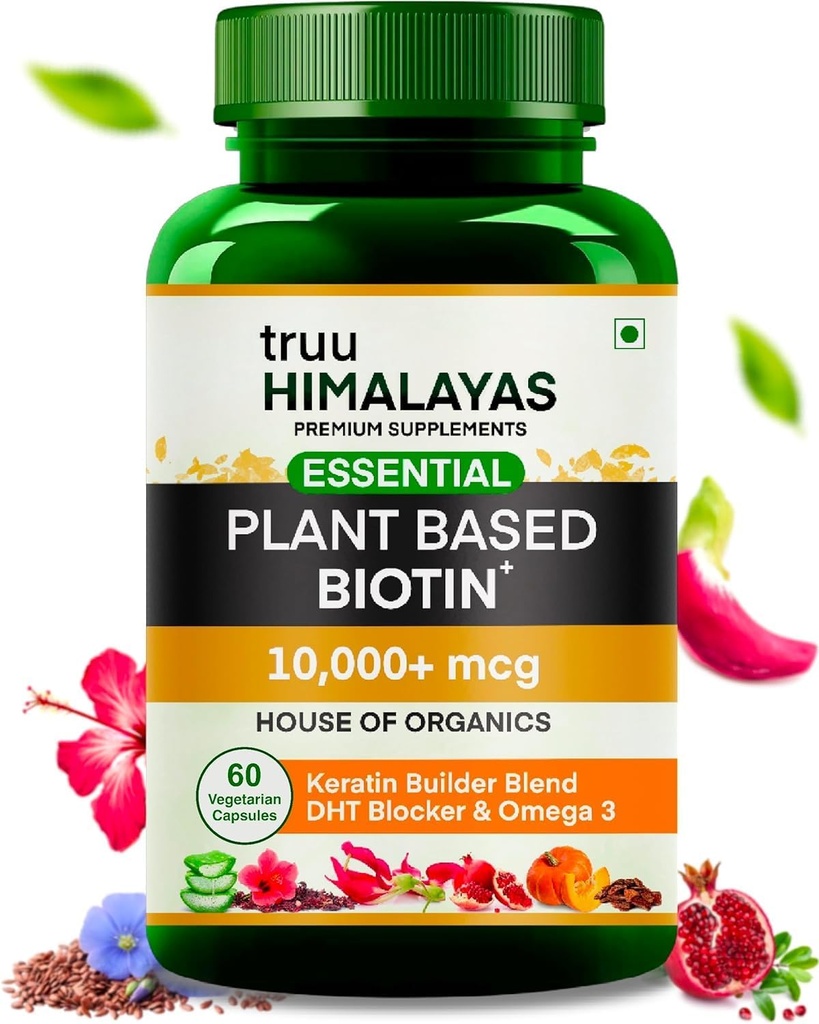 Biotina pe bază de plante 10000mcg pentru creșterea părului cu DHT Blocker, Keratina & Omega 3 Vitale suplimentare pentru bărbați și femei - Nutrienți ayurvedic pentru căderea părului, Skin & Nails Health - 60 capsule