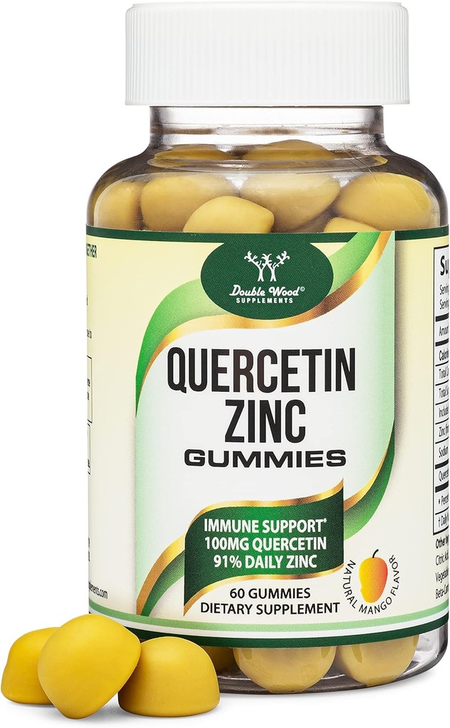 Quercetin Gummies cu zinc (100mg de Querbetin și 91% Zilnic Zinc per Serving) 60 Mango Aroma de sprijin imun Gumies pentru adulți și copii (Non-GMO și Gluten Free) de lemn dublu
