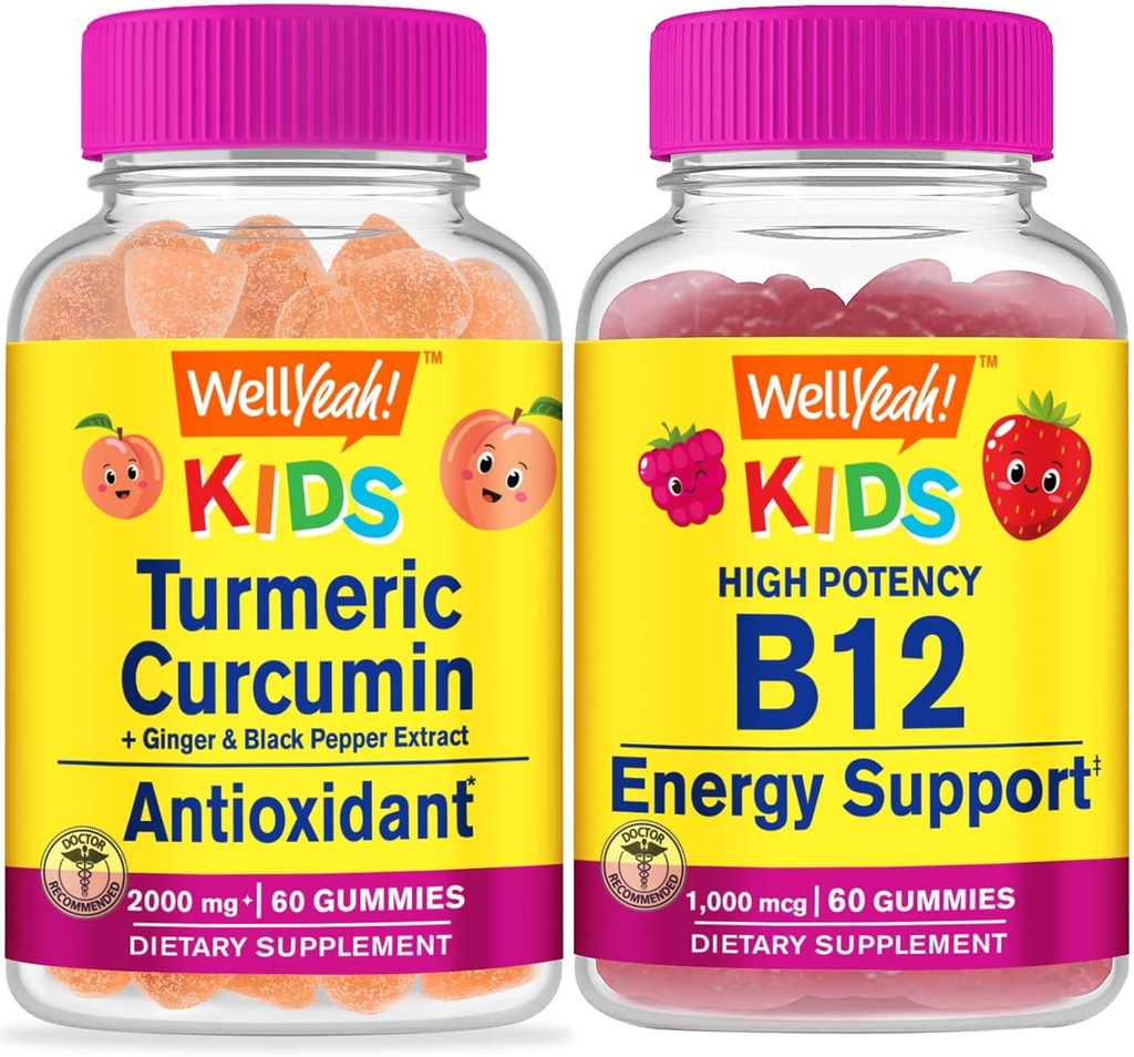 Ei bine Da Curcumina Turmerica Copii + Vitamina B12 Copii, Gume Bundle - mare Tasting, Supliment de vitamine, Gluten gratuit, OMG gratuit, Gummy mesteca