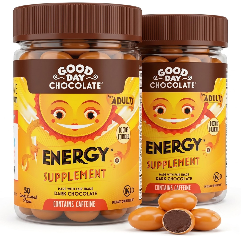 Bună ziua Chocolate Suplimente de energie pentru adulți [2 Pack] Fair Trade Ciocolată de cofeină cu B-Vitamina, extracte de ceai verde și 20 mg Cafeina Per Piece - Booster de energie pentru femei și bărbați