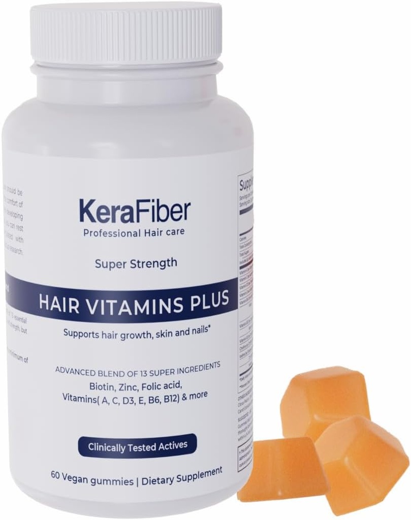 KeraFiber Professional Hair Vitamine Plus Gumies - Suplimente de crestere a parului Biotina - Vitamine de par Vegan cu zinc, Vitamine A, C, D, E, B6, B12 - Suporturi pentru cresterea parului, Piele & Nails - 60 Conte