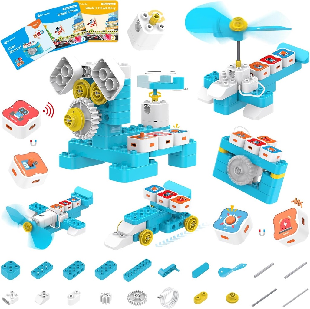 WhalesBot A1 Coding Toy for Kids, Building Block Robot, Fun STEM Jucarie cu controler magnetic și blocuri de senzori, codare fără ecran cu 3 ghiduri pentru copii 3-6