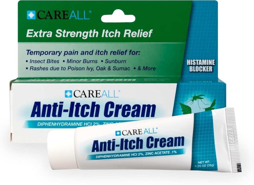 CareAll Anti-Itch Cream 1,25 oz Histamină Blocare, Difenhidramină HCI 2% un Analgezic Topic & Zinc acetat 0,1% un Protector al pielii Provoacă durere temporară și Mâncărime Ajutor de la Itches Outdoor comun