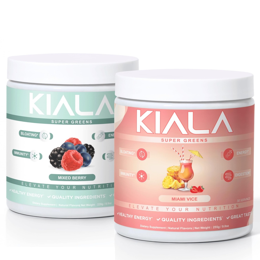 Kiala Nutrition Super Greens, Greens Organic Powder, Spirulina & Chlorella Superfood Powder, Sugar & Gluten Free Vegan, Spectra Blend, Mixed Berry & Miami Vice, 2 Pack