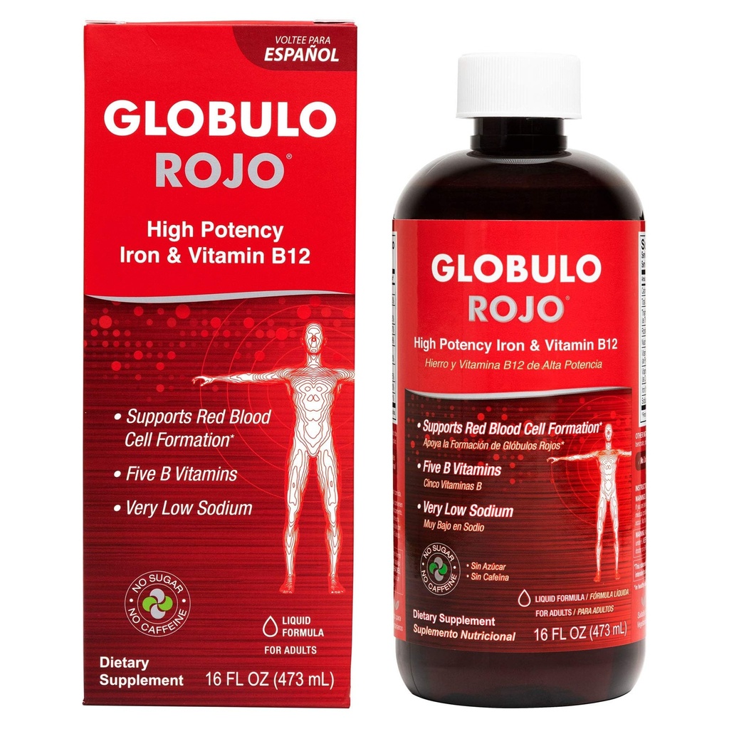 Globulo Rojo Supliment de fier - Supliment alimentar lichid cu vitamine de fier & B de mare potenta (Vegan) (16 Fl Oz (Pachet de 1)