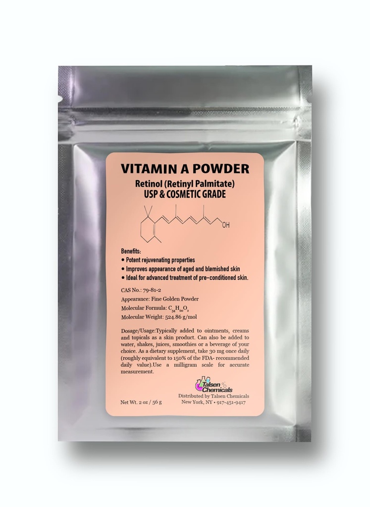 Vitamina A pulbere Retinil Palmitat, Retinol pur praf Vitamina apă solubile Vitamina A Grad USP & cosmetice (2 oz. / 56 Grams)