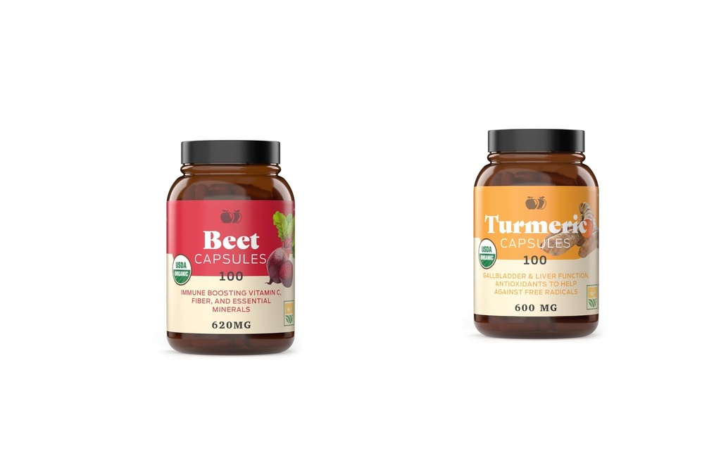 Produse naturale complete Rădăcină de sfeclă 100 capsule & Turmeric 100 capsule Bundle