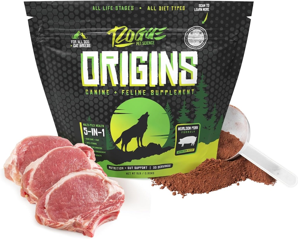 ROGUE PET SCIENCE Origins 5-in-1 Dog Supplement - Pudred Food Topper w/Natural Heirloom Proteina de porc- Sprijină Digestia sanatoasa, Pielea, și haina - ajută la reducerea mâncărimi și inflamație articulară (2 lbs)