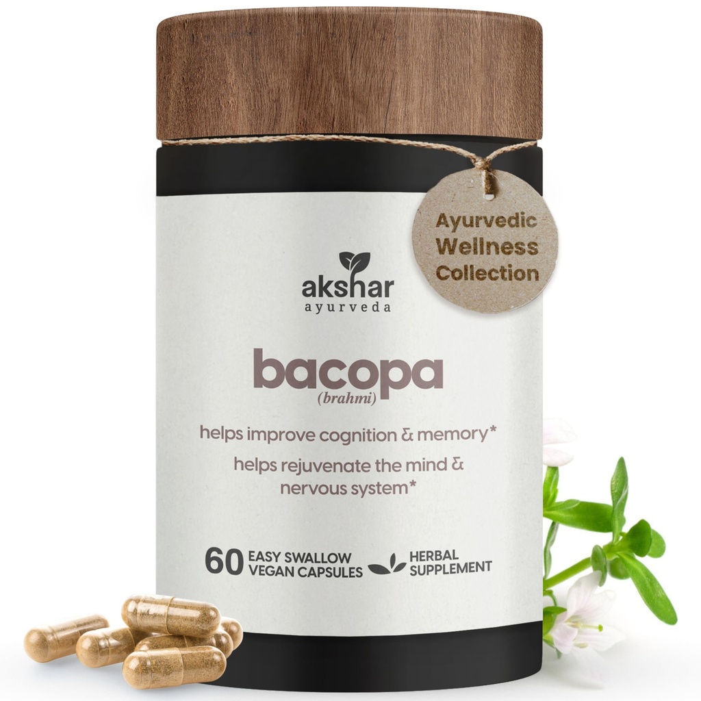 AKSHAR Ayurveda - Bacopa 500mg Brahmi Supliment, Sistem întinerit, Pastile Bacopa pentru a sprijini funcția cognitivă pentru adulți, Vegan Cruzime gratuit Bacopa Monnieri (60 Conte)