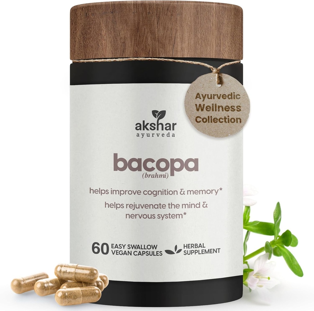 AKSHAR Ayurveda - Bacopa 500mg Brahmi Supliment, Sistem întinerit, Pastile Bacopa pentru a sprijini funcția cognitivă pentru adulți, Vegan Cruzime gratuit Bacopa Monnieri (60 Conte)