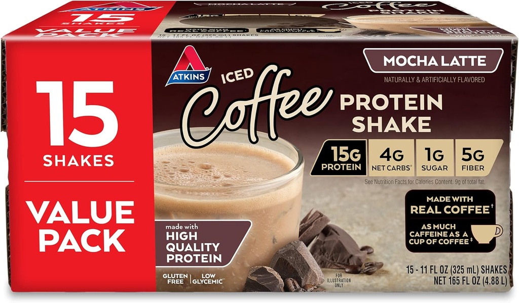 Atkins Gluten Free Proteine-Rich Shake, Mocha Latte, Keto Friendly, 15 Conte