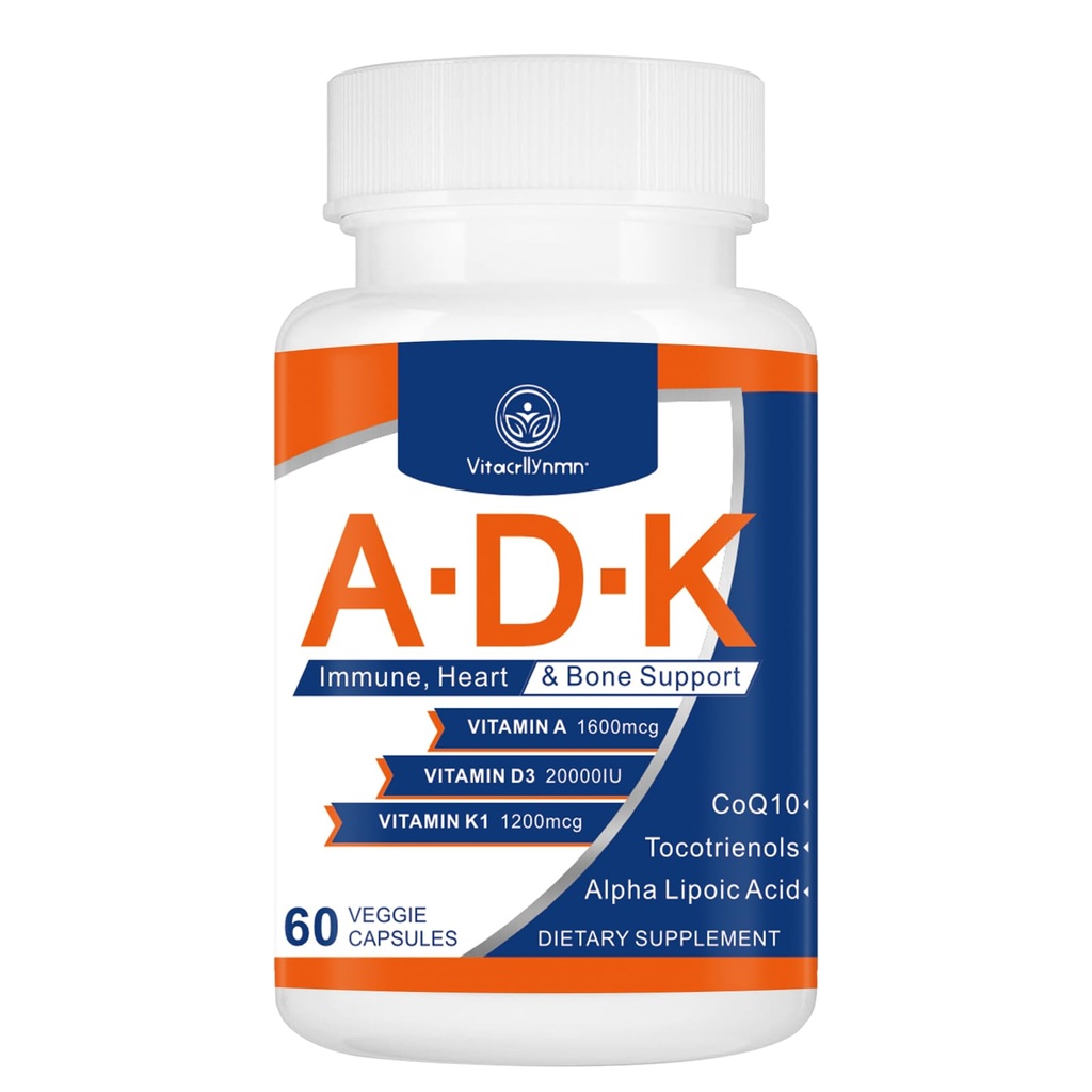 ADK Suplimentul de vitamine 20000 UI - Vitamine de mare potenţă A, D3 şi K1 pentru inimă, sănătate osoasă şi suport imunitar Vitamina ADK 60 Capsule