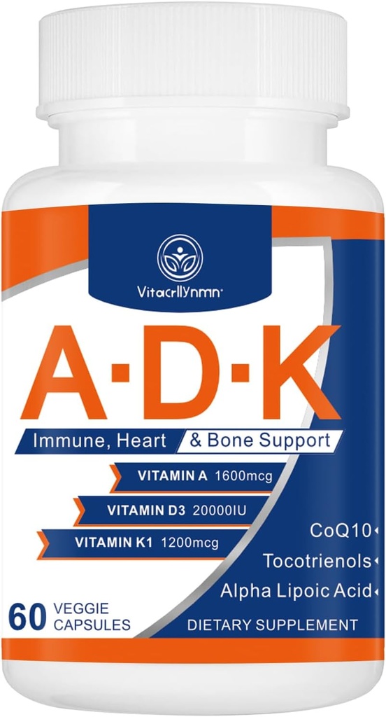 ADK Suplimentul de vitamine 20000 UI - Vitamine de mare potenţă A, D3 şi K1 pentru inimă, sănătate osoasă şi suport imunitar Vitamina ADK 60 Capsule