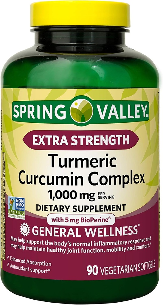 Spring Valley Extra Putere Curcumin Turmeric Complex Geluri Soft Supliment alimentar, 1000 mg, 90 Conte